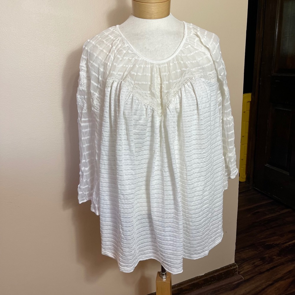 Lucky Brand Womens 1X White Textured Stripe Lace Peasant Blouse 3/4 Bell Sleeve